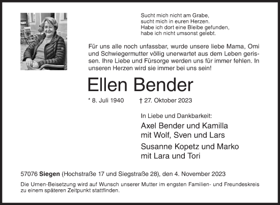 Traueranzeige von Ellen Bender von Siegener Zeitung