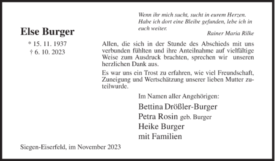 Traueranzeige von Else Burger von Siegener Zeitung