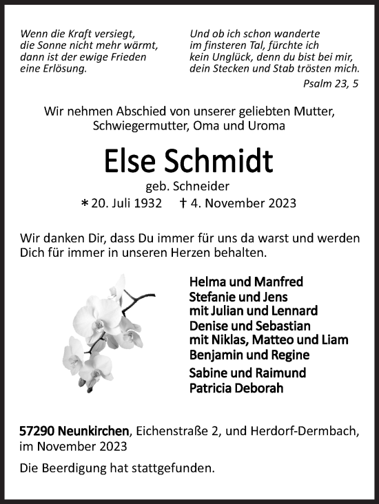 Traueranzeige von Else Schmidt von Siegener Zeitung