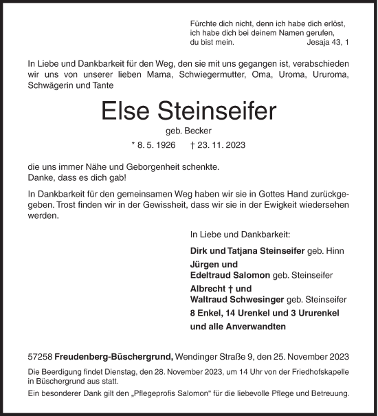 Traueranzeige von Else Steinseifer von Siegener Zeitung