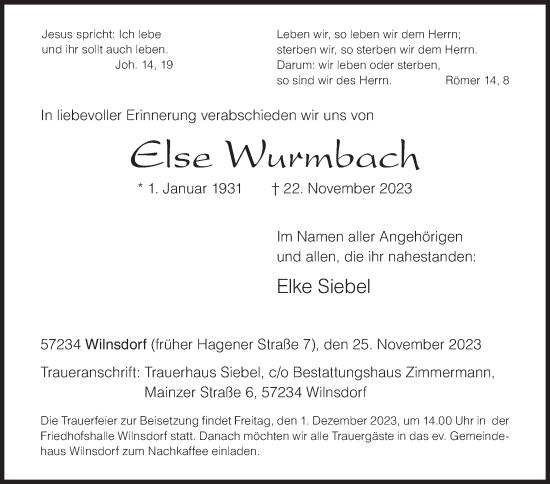 Traueranzeige von Else Wurmbach von Siegener Zeitung