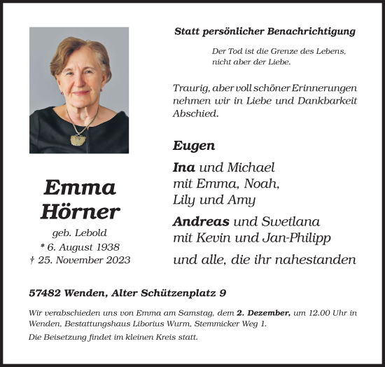 Traueranzeige von Emma Hörner von Siegener Zeitung