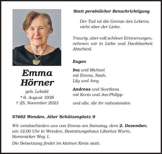 Traueranzeige von Emma Hörner von Siegener Zeitung