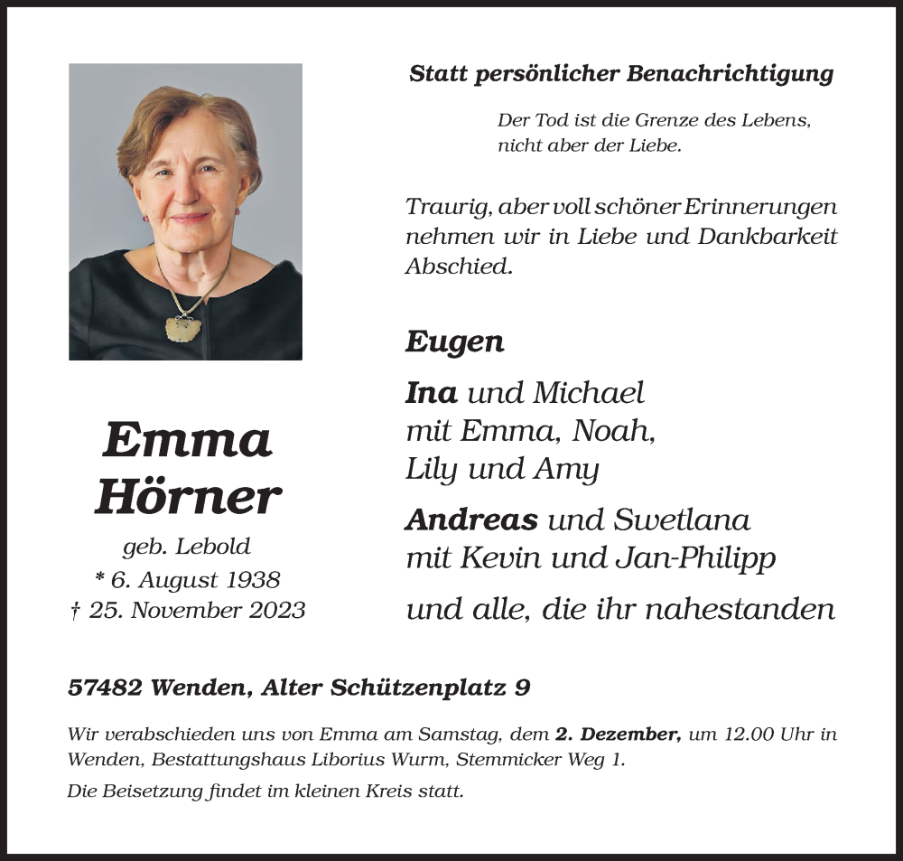  Traueranzeige für Emma Hörner vom 29.11.2023 aus Siegener Zeitung