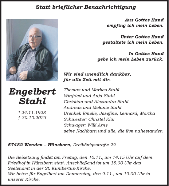 Traueranzeige von Engelbert Stahl von Siegener Zeitung