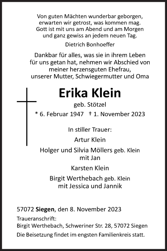 Traueranzeige von Erika Klein von Siegener Zeitung