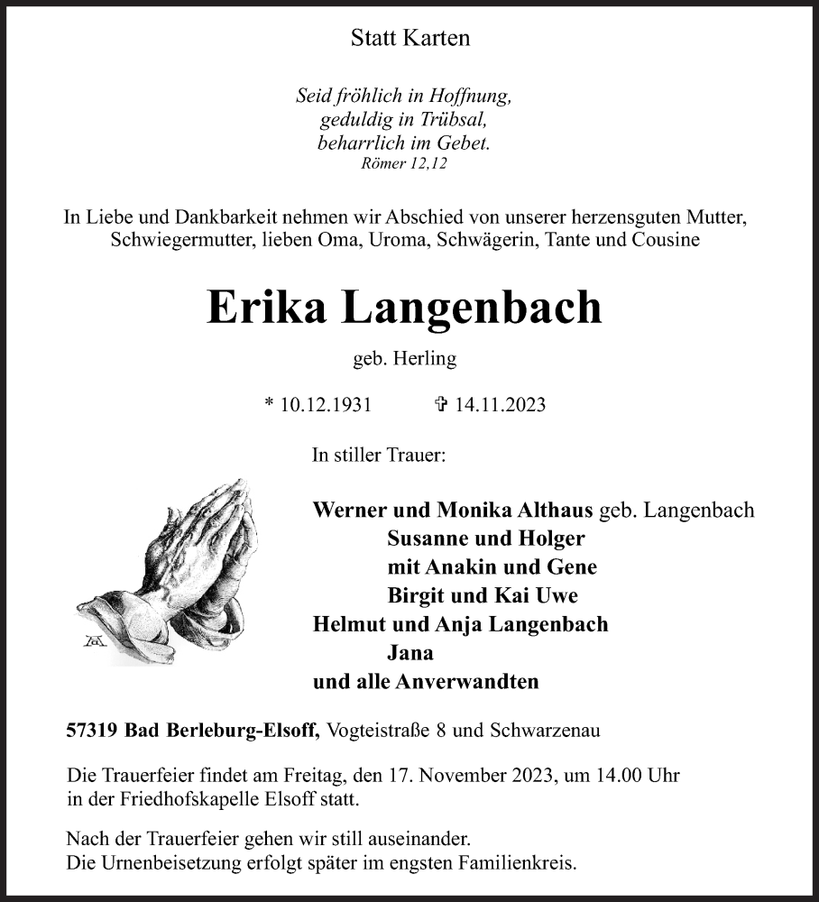  Traueranzeige für Erika Langenbach vom 16.11.2023 aus Siegener Zeitung