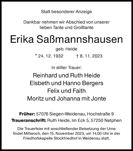 Traueranzeige von Erika Saßmannshausen von Siegener Zeitung