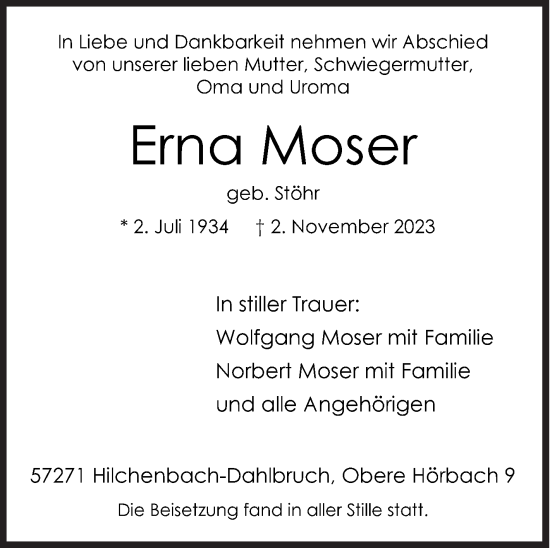 Traueranzeige von Erna Moser von Siegener Zeitung