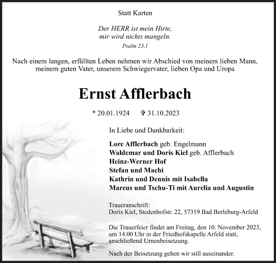 Traueranzeige von Ernst Afflerbach von Siegener Zeitung