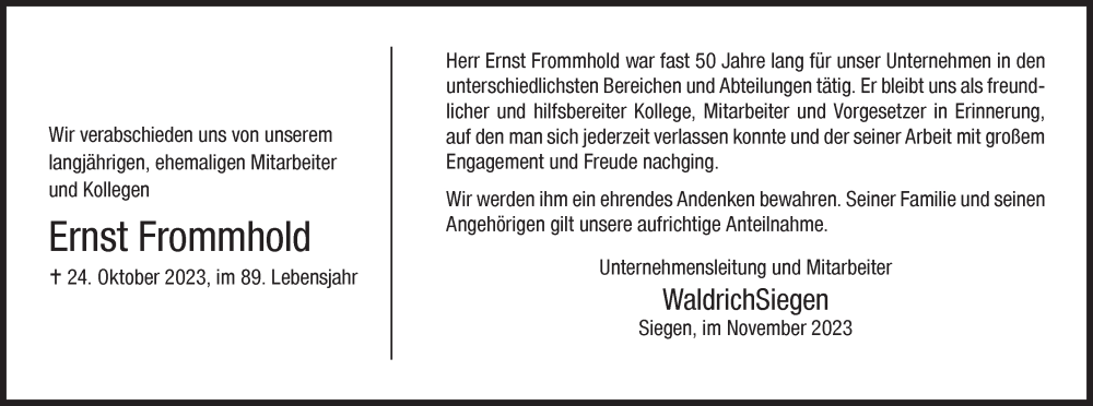  Traueranzeige für Ernst Frommhold vom 04.11.2023 aus Siegener Zeitung