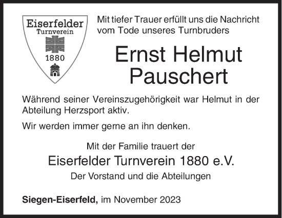 Traueranzeige von Ernst Pauschert von Siegener Zeitung