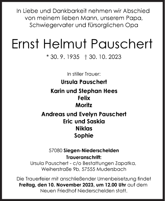 Traueranzeige von Ernst Helmut Pauschert von Siegener Zeitung
