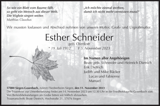 Traueranzeige von Esther Schneider von Siegener Zeitung