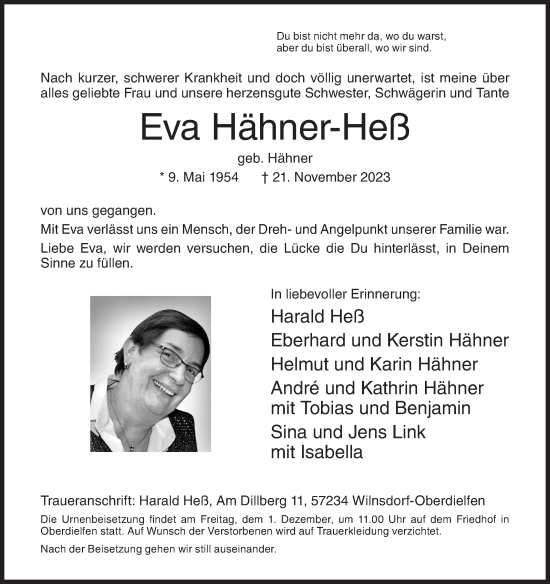 Traueranzeige von Eva Hähner-Heß von Siegener Zeitung