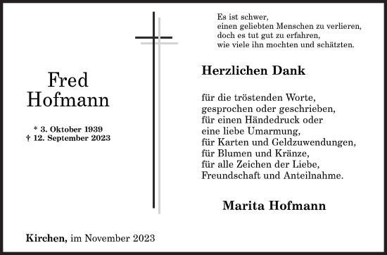 Traueranzeige von Fred Hofmann von Siegener Zeitung