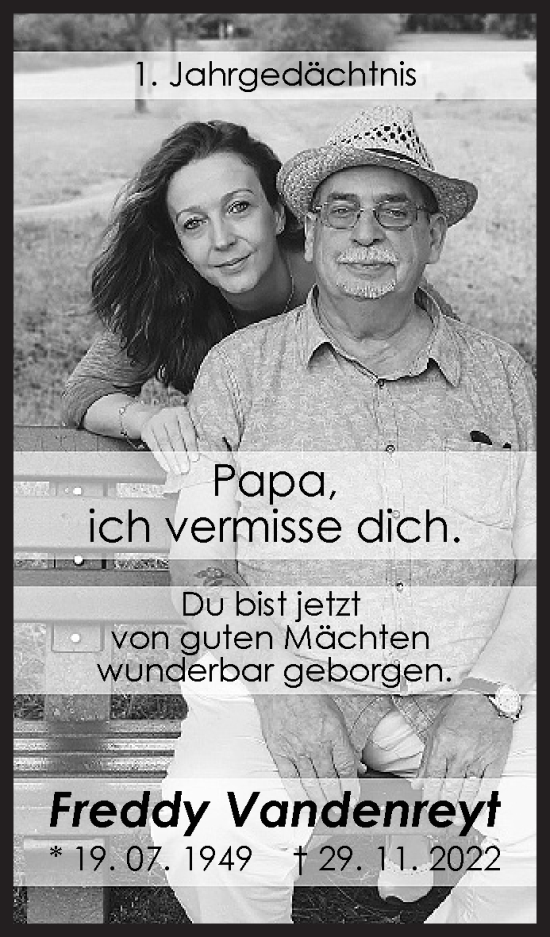 Traueranzeige von Freddy Vandenreyt von Siegener Zeitung
