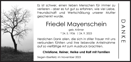 Traueranzeige von Friedel Mayenschein von Siegener Zeitung