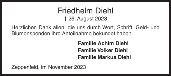 Traueranzeige von Friedhelm Diehl von Siegener Zeitung