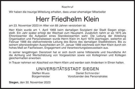 Traueranzeige von Friedhelm Klein von Siegener Zeitung