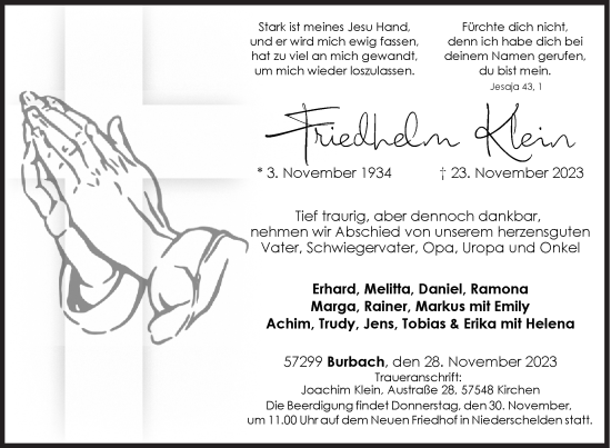Traueranzeige von Friedhelm Klein von Siegener Zeitung