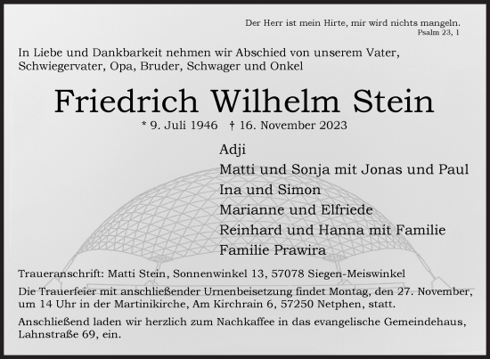 Traueranzeige von Friedrich  Stein von Siegener Zeitung
