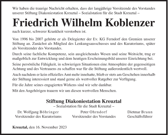 Traueranzeige von Friedrich Wilhelm Koblenzer von Siegener Zeitung