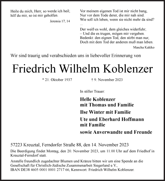 Traueranzeige von Friedrich Wilhelm Koblenzer von Siegener Zeitung