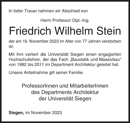 Traueranzeige von Friedrich Wilhelm Stein von Siegener Zeitung