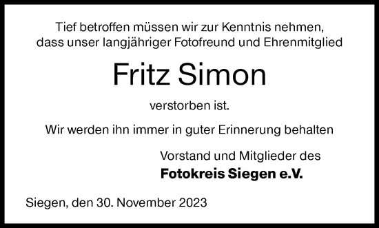 Traueranzeige von Fritz Simon von Siegener Zeitung