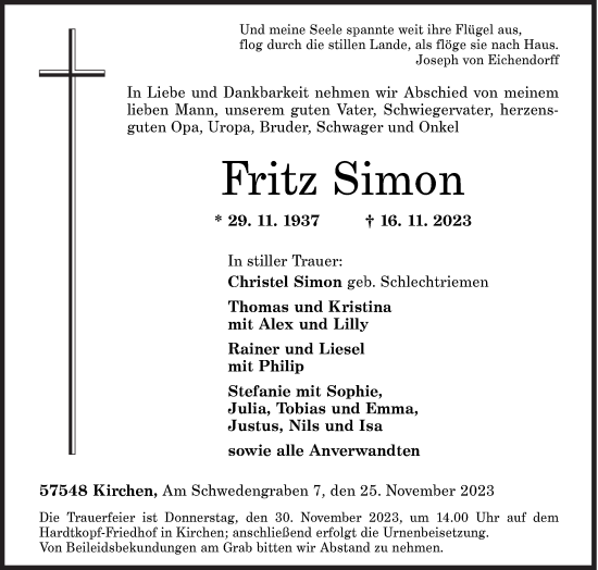 Traueranzeige von Fritz Simon von Siegener Zeitung