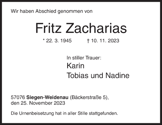 Traueranzeige von Fritz Zacharias von Siegener Zeitung