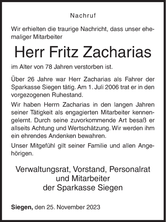 Traueranzeige von Fritz Zacharias von Siegener Zeitung