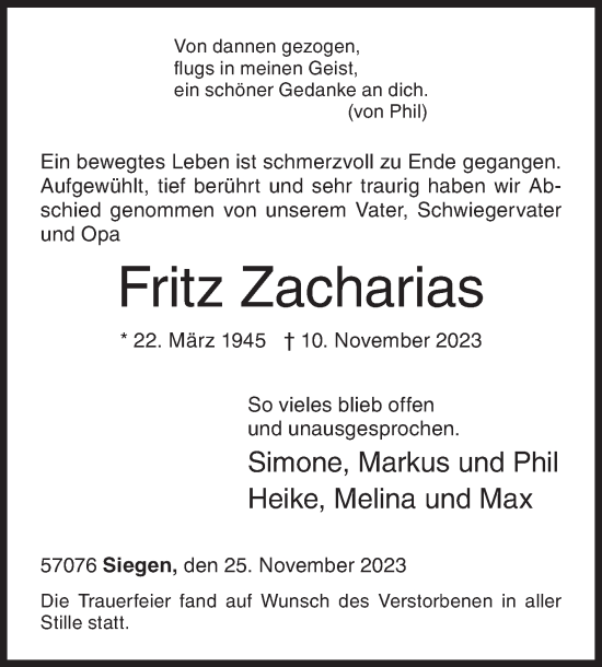 Traueranzeige von Fritz Zacharias von Siegener Zeitung