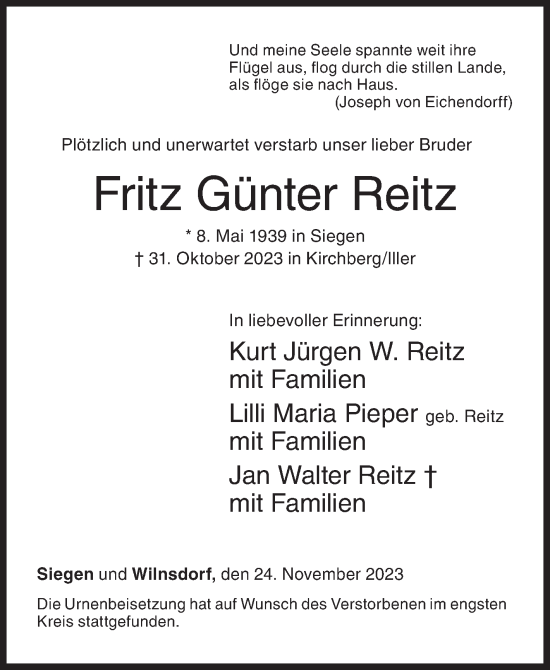 Traueranzeige von Fritz Günter Reitz von Siegener Zeitung