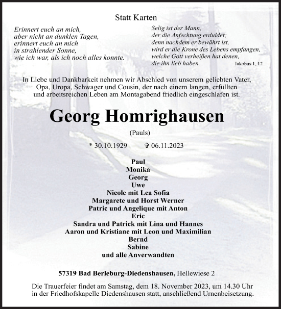 Traueranzeige von Georg Homrighausen von Siegener Zeitung