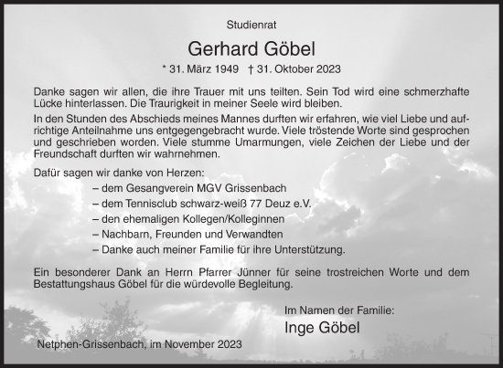 Traueranzeige von Gerhard Göbel von Siegener Zeitung