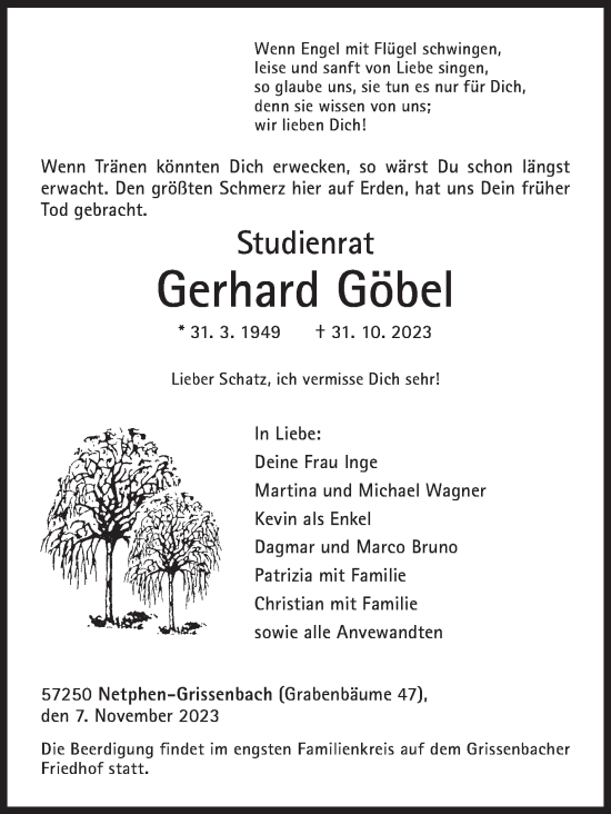 Traueranzeige von Gerhard Göbel von Siegener Zeitung