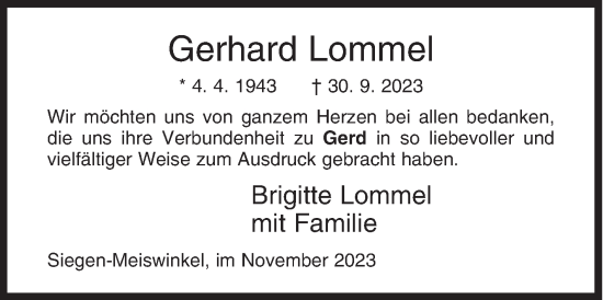 Traueranzeige von Gerhard Lommel von Siegener Zeitung