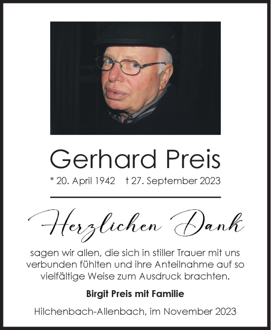 Traueranzeige von Gerhard Preis von Siegener Zeitung