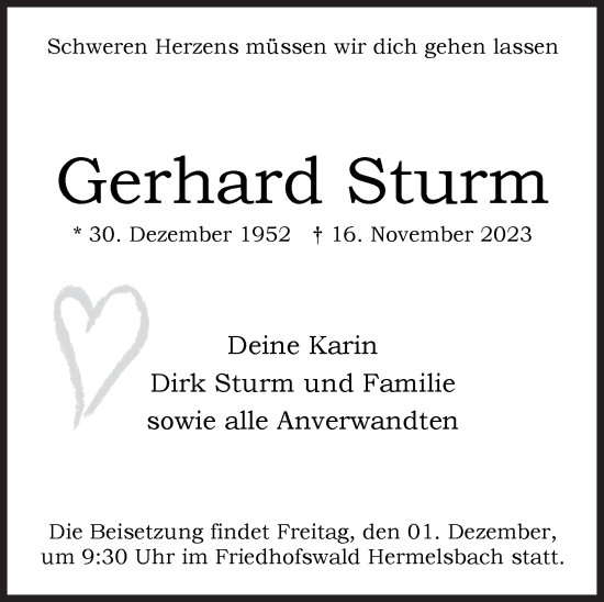 Traueranzeige von Gerhard Sturm von Siegener Zeitung