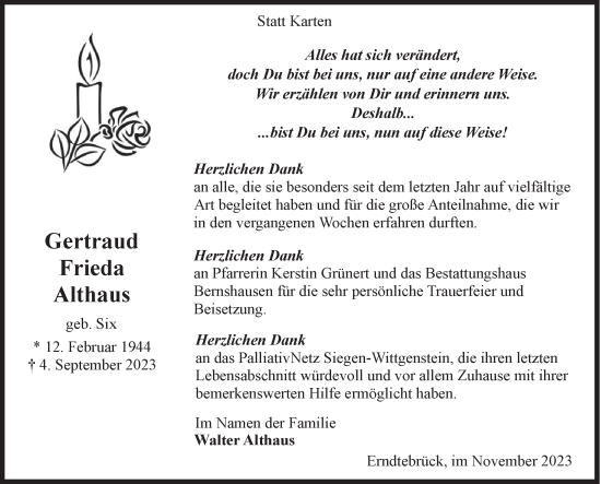 Traueranzeige von Gertraud Frieda Althaus von Siegener Zeitung