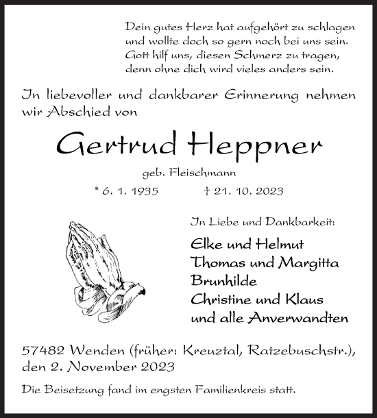 Traueranzeige von Gertrud Heppner von Siegener Zeitung