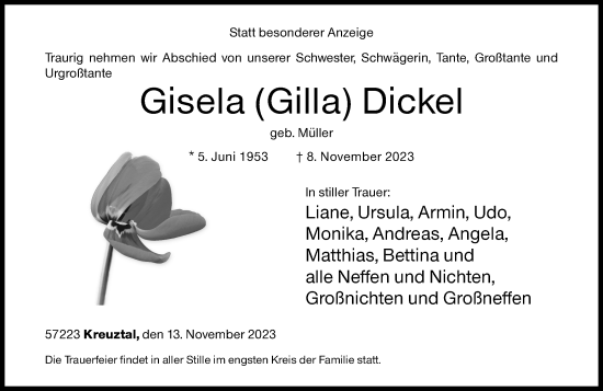 Traueranzeige von Gisela Dickel von Siegener Zeitung