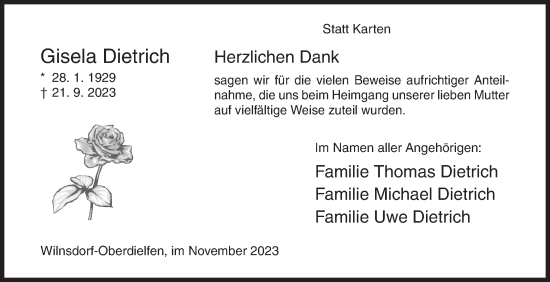 Traueranzeige von Gisela Dietrich von Siegener Zeitung