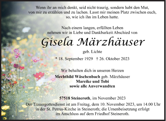 Traueranzeige von Gisela Märzhäuser von Siegener Zeitung