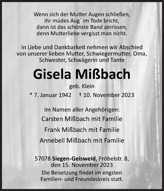 Traueranzeige von Gisela Mißbach von Siegener Zeitung