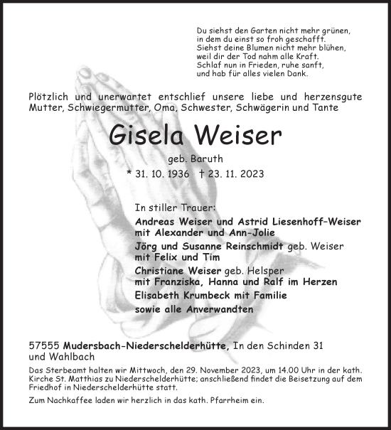 Traueranzeige von Gisela Weiser von Siegener Zeitung