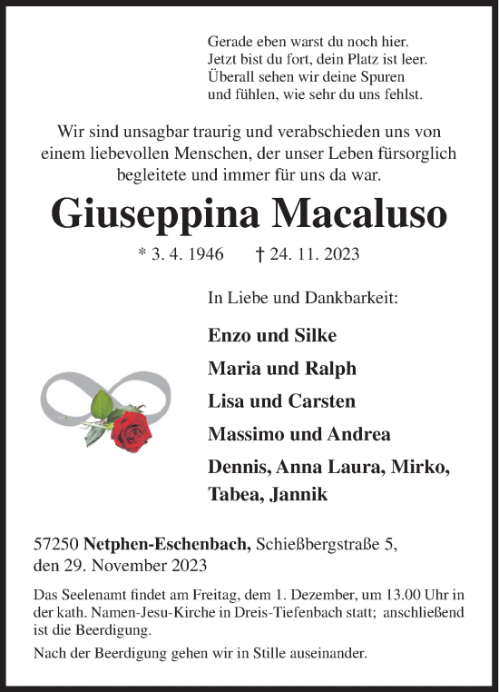 Traueranzeige von Giuseppina Macaluso von Siegener Zeitung
