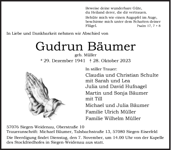Traueranzeige von Gudrun Bäumer von Siegener Zeitung